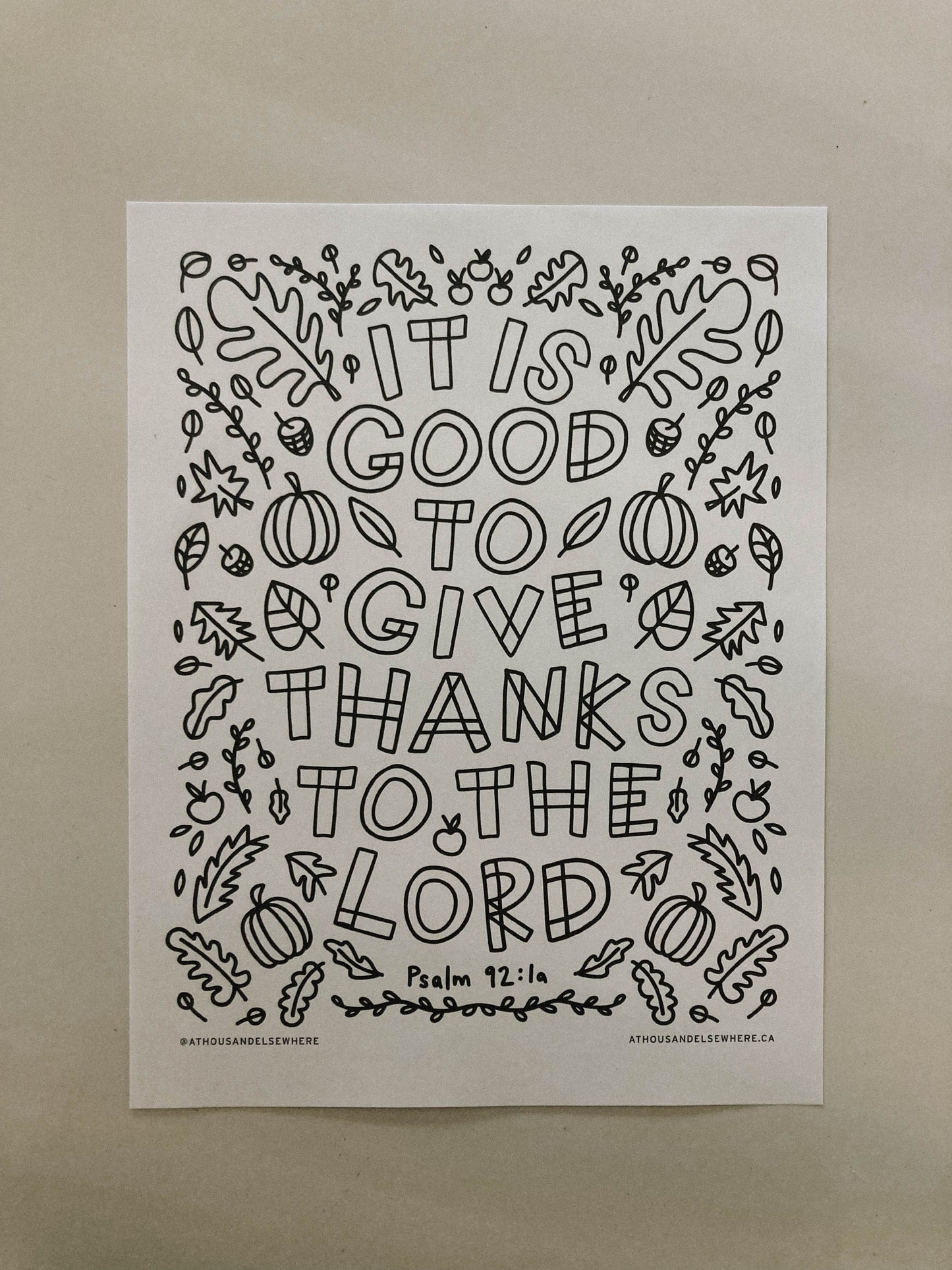 Colouring Page - Give Thanks, Psalm 92:1a - A Thousand Elsewhere