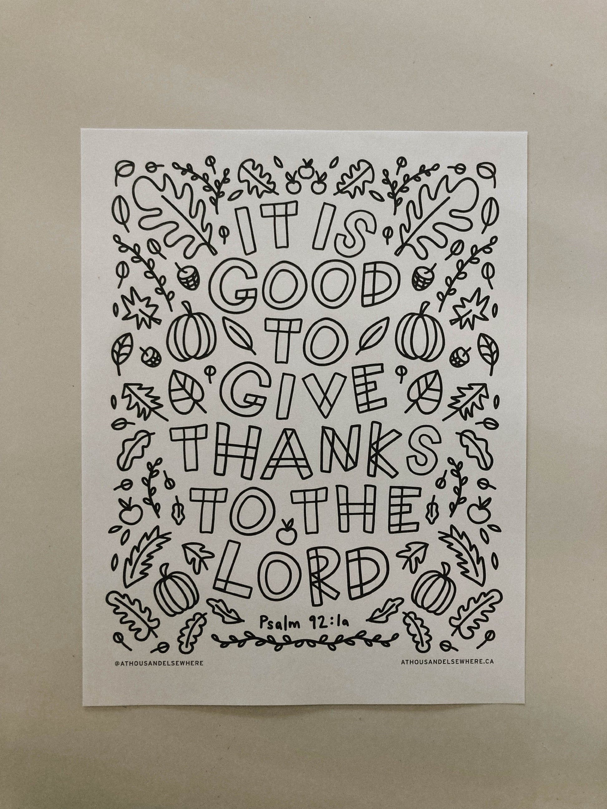 Colouring Page - Give Thanks, Psalm 92:1a - A Thousand Elsewhere