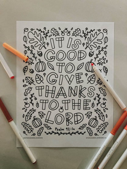 Colouring Page - Give Thanks, Psalm 92:1a - A Thousand Elsewhere