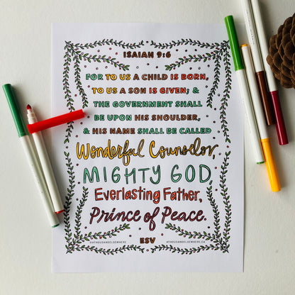 Colouring Page - Christmas, Isaiah 9:6 Names of Jesus